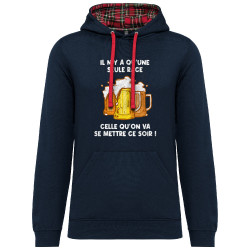 Sweat capuche à motifs unisexe bleu marine et rouge tartan Une seule race (Gondrax,Alcool,Slogans Débiles)