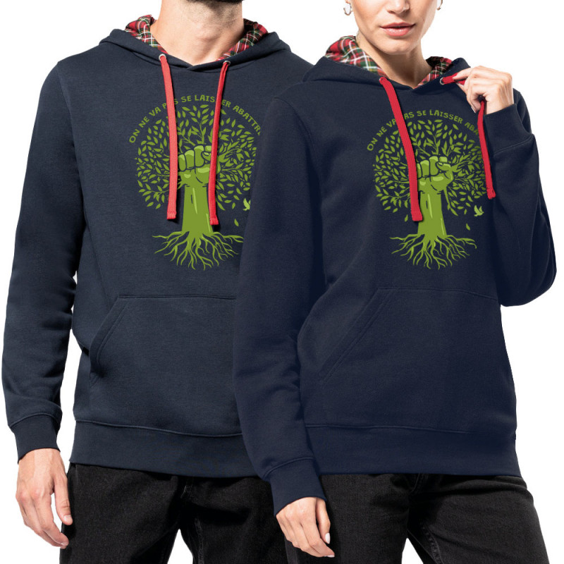 Sweat capuche à motifs unisexe bleu marine et rouge tartan Se laisser abattre (Gondrax,Ecologie)