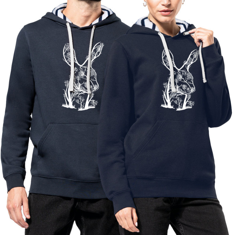 Sweat capuche à motifs unisexe bleu marine et marinière Rabbit Tree (Caffein Art,Animaux,Ethnique)
