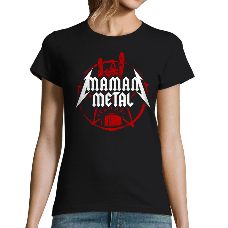 T-shirt femme noir Maman Metal (Gondrax,Humour,Papa Maman Papy Mamie,Fête des mères)
