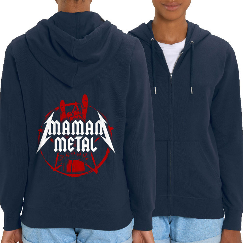 Sweat femme zippé à capuche coton bio bleu marine Maman Metal (Gondrax,Humour,Papa Maman Papy Mamie,Fête des mères)