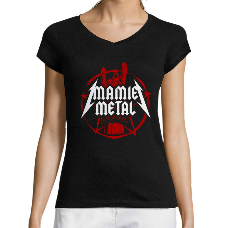 T-shirt femme col V noir mamie Metal (Gondrax,Humour,Papa Maman Papy Mamie,Fête des mères)