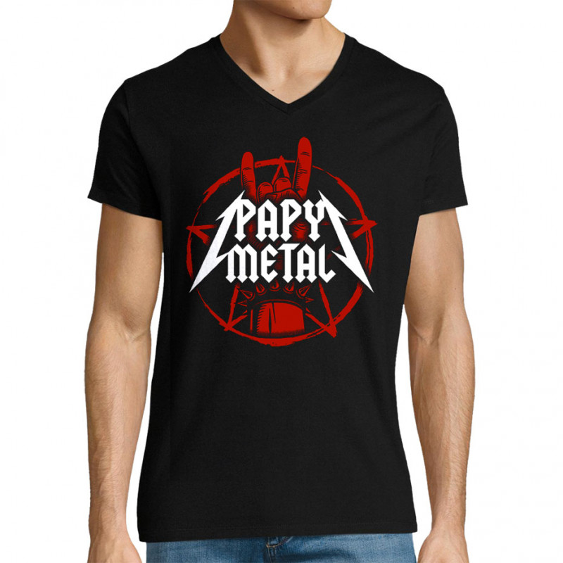 T-shirt homme col V noir Papy Metal (Gondrax,Humour,Papa Maman Papy Mamie)