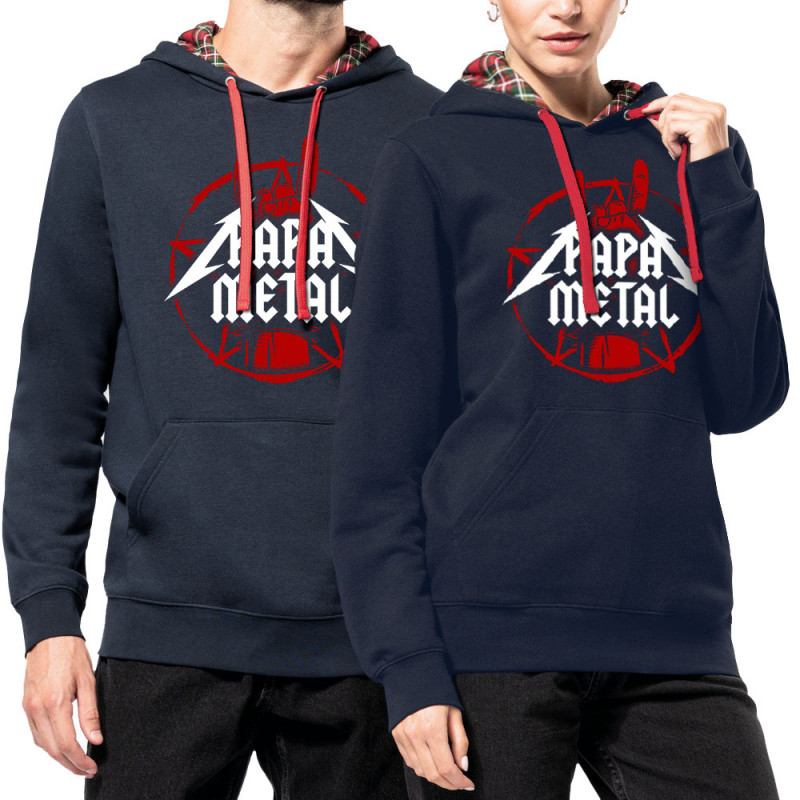 Sweat capuche à motifs unisexe bleu marine et rouge tartan Papa Metal (Gondrax,Humour,Papa Maman Papy Mamie,Fête des pères)