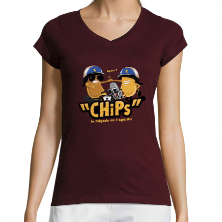 T-shirt femme col V "Chips...