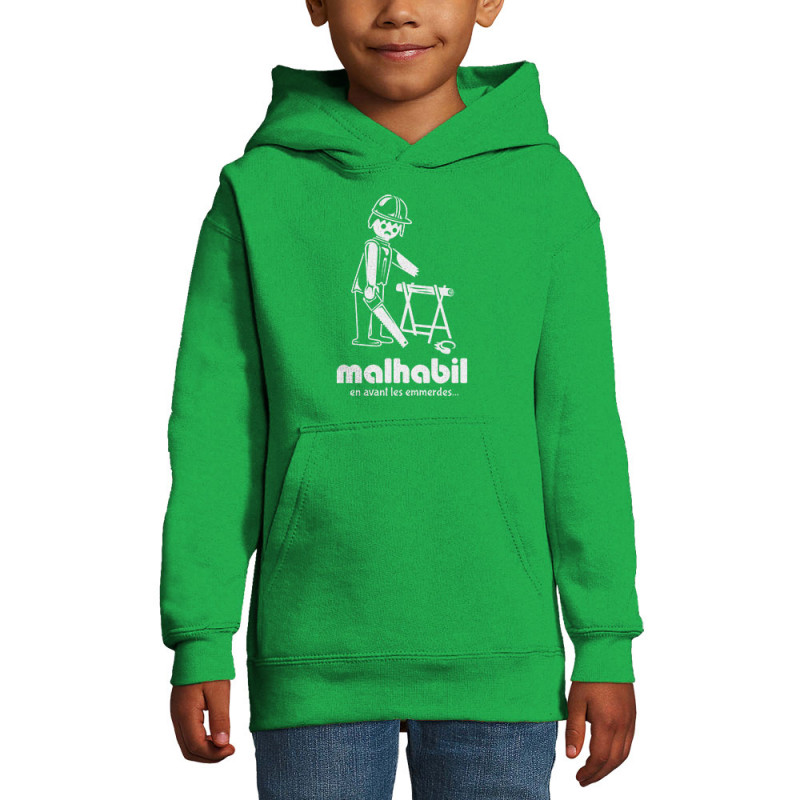 Sweat enfant à capuche vert prairie Malhabil (Skurg,Humour,Détournements)