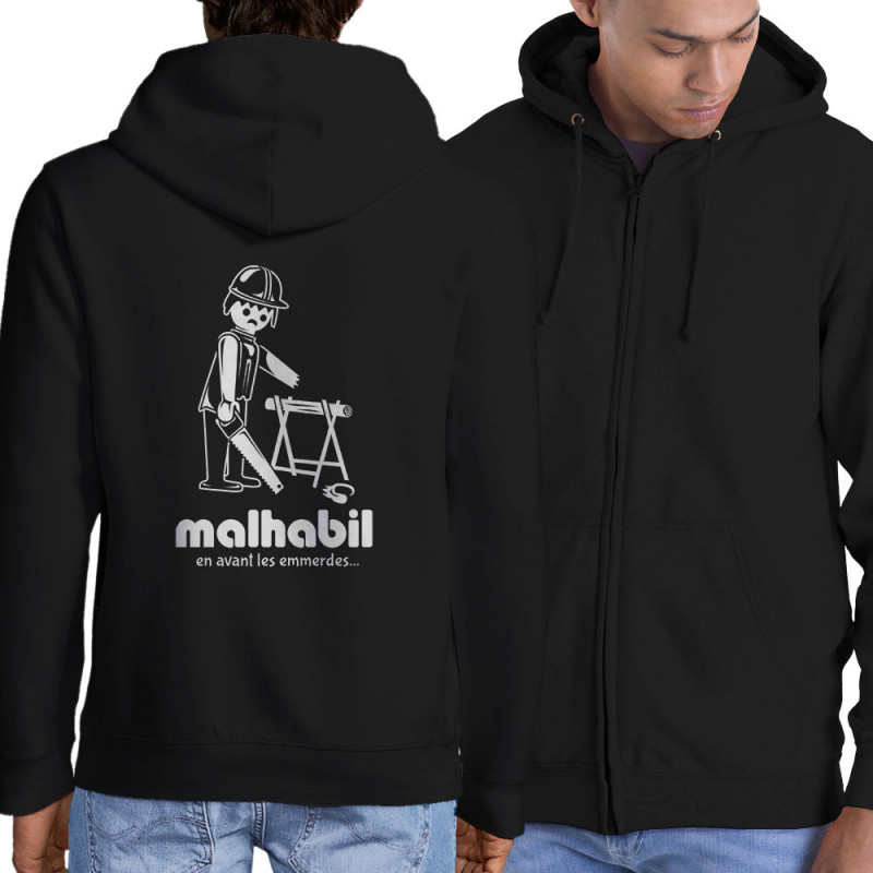Sweat homme à capuche zippé noir Malhabil (Skurg,Humour,Détournements)