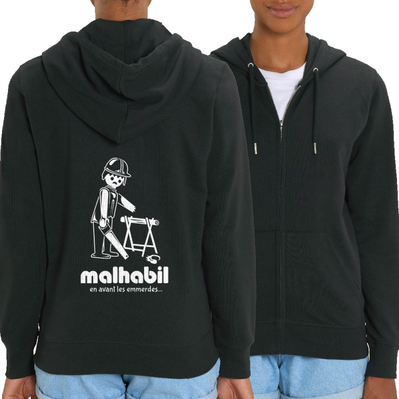 Sweat femme zippé à capuche coton bio noir Malhabil (Skurg,Humour,Détournements)