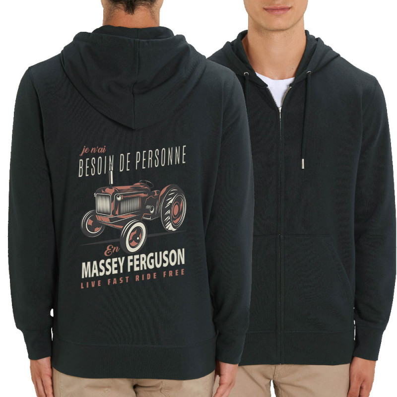 Sweat homme zippé à capuche coton bio noir Massey Fergusson (Andy,Détournements,Humour)