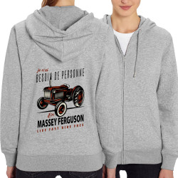 Sweat femme zippé à capuche coton bio gris chiné Massey Fergusson (Andy,Détournements,Humour)