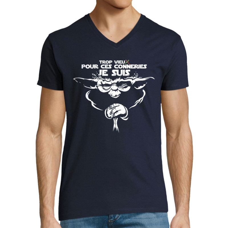 T-shirt homme col V bleu marine Yoda trop vieux (Skurg,Films/Séries,Détournements,Star Wars)