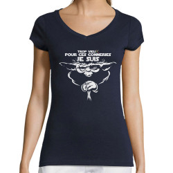 T-shirt femme col V bleu marine Yoda trop vieux (Skurg,Films/Séries,Détournements,Star Wars)