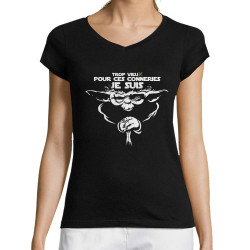 T-shirt femme col V noir Yoda trop vieux (Skurg,Films/Séries,Détournements,Star Wars)