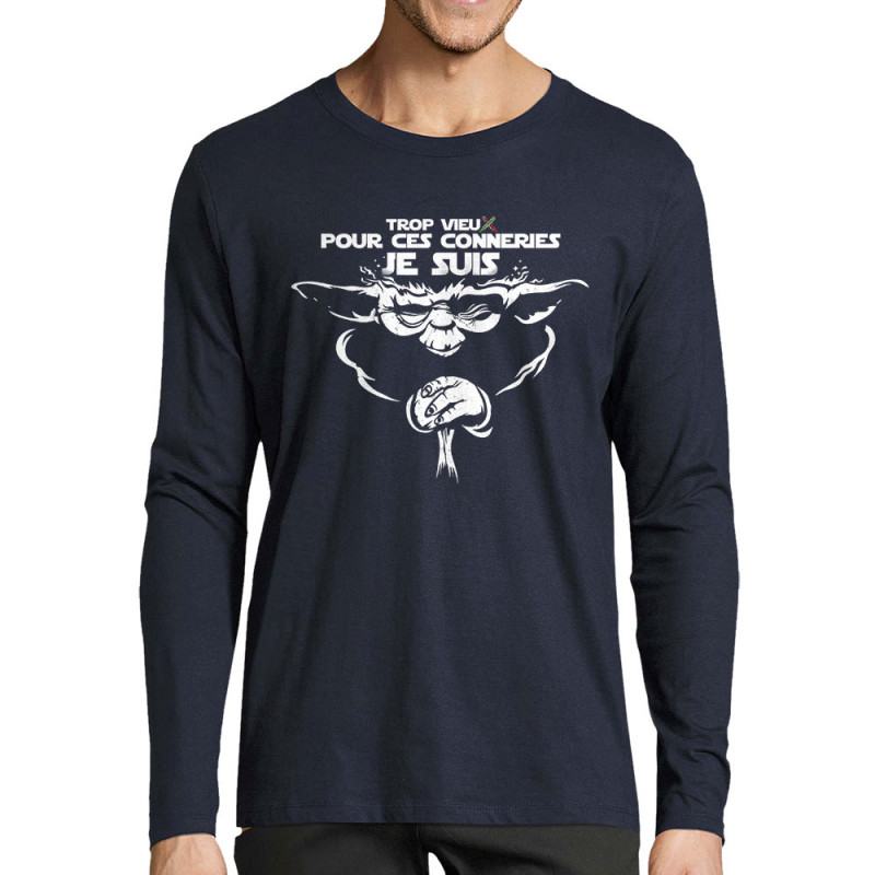 T-shirt homme manches longues bleu marine Yoda trop vieux (Skurg,Films/Séries,Détournements,Star Wars)