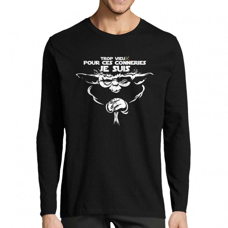 T-shirt homme manches longues noir Yoda trop vieux (Skurg,Films/Séries,Détournements,Star Wars)