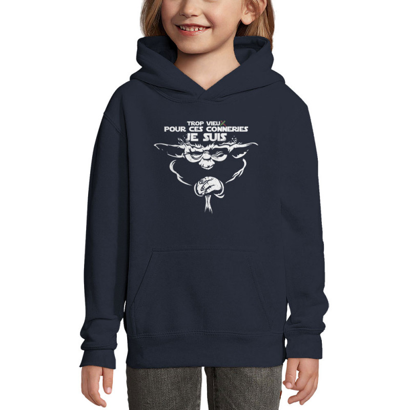 Sweat enfant à capuche bleu marine Yoda trop vieux (Skurg,Films/Séries,Détournements,Star Wars)