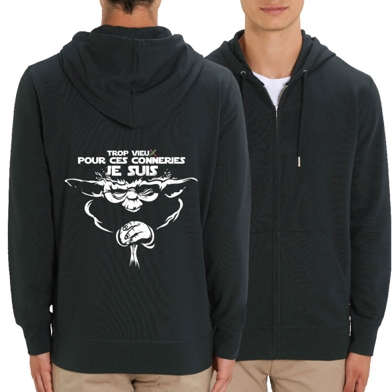 Sweat homme zippé à capuche coton bio noir Yoda trop vieux (Skurg,Films/Séries,Détournements,Star Wars)