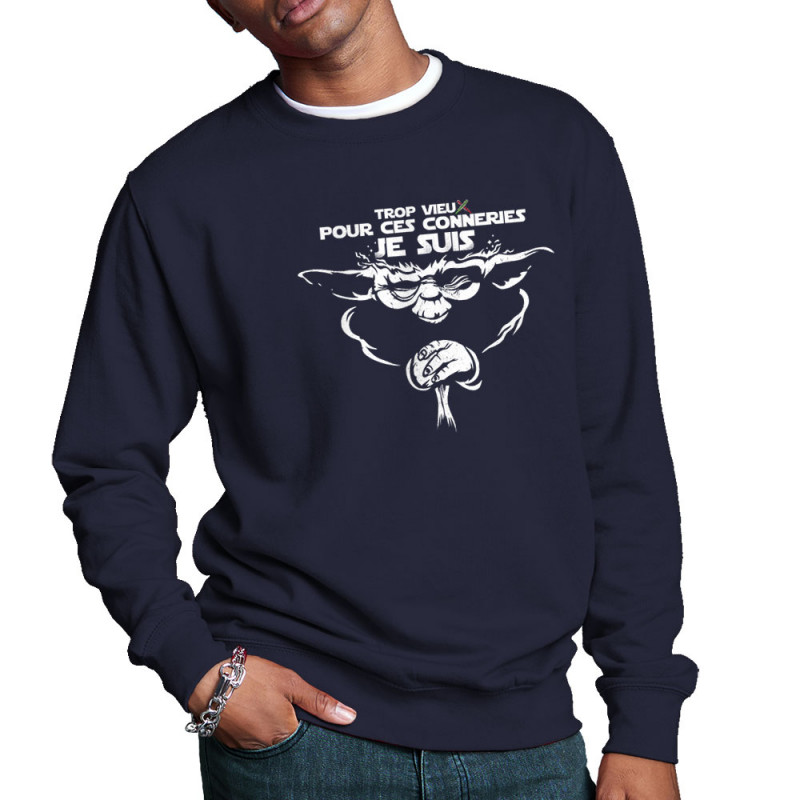 Sweat homme col rond bleu marine Yoda trop vieux (Skurg,Films/Séries,Détournements,Star Wars)