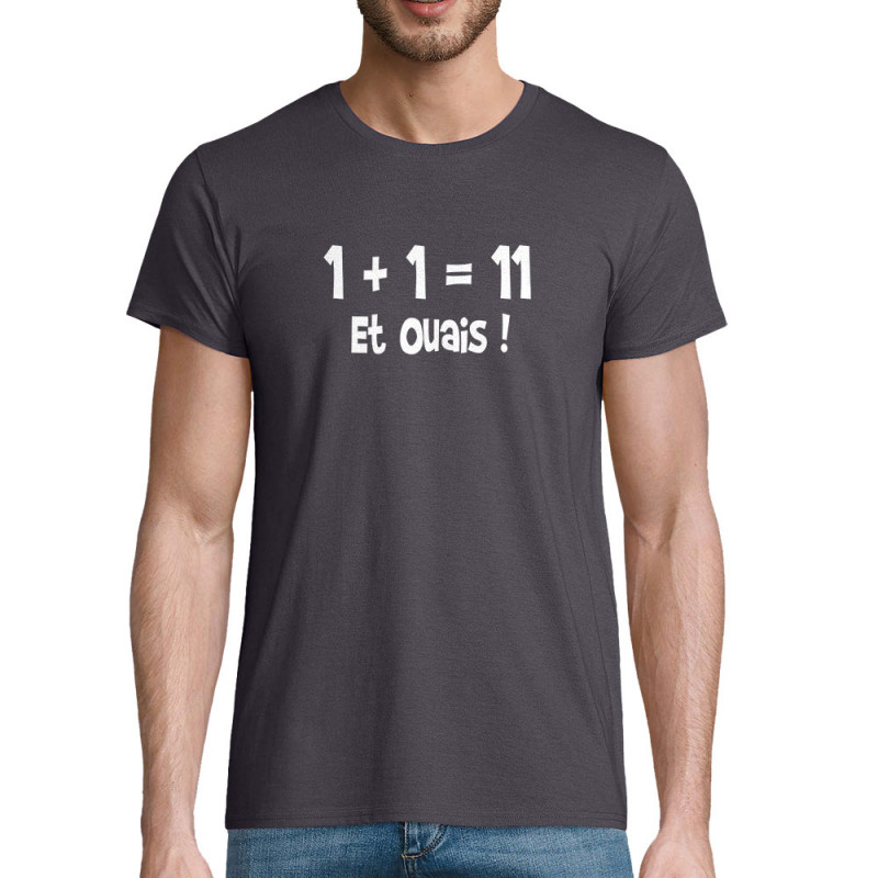 T-shirt homme coton bio gris souris un plus un égale onze (Gondrax,Humour,Slogans Débiles,Devoirs de vacances)