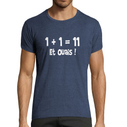 T-shirt homme fit bleu denim chiné un plus un égale onze (Gondrax,Humour,Slogans Débiles,Devoirs de vacances)