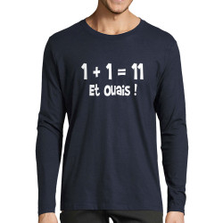 T-shirt homme manches longues bleu marine un plus un égale onze (Gondrax,Humour,Slogans Débiles,Devoirs de vacances)