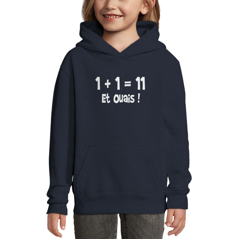 Sweat enfant à capuche bleu marine un plus un égale onze (Gondrax,Humour,Slogans Débiles,Devoirs de vacances)