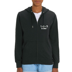 Sweat femme zippé à capuche coton bio noir un plus un égale onze (Gondrax,Humour,Slogans Débiles,Devoirs de vacances)