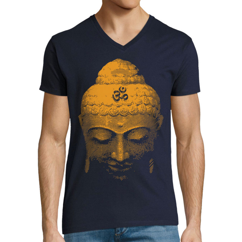 T-shirt homme col V bleu marine Buddha Face (Ethnique)