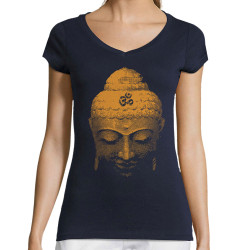 T-shirt femme col V bleu marine Buddha Face (Ethnique)