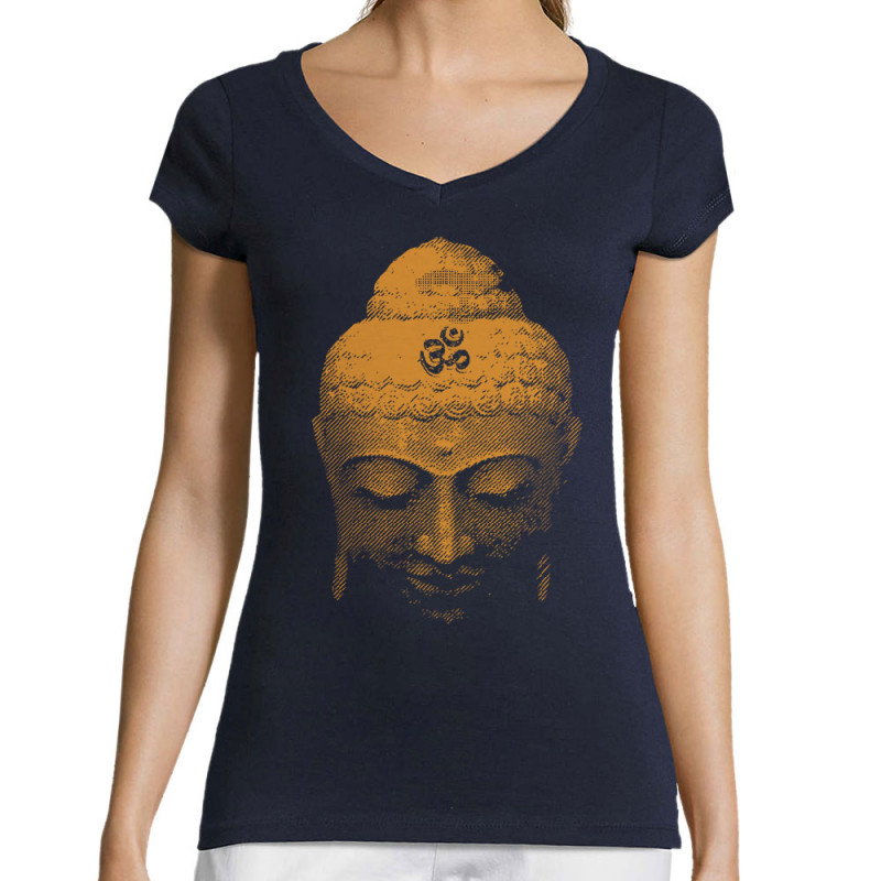 T-shirt femme col V bleu marine Buddha Face (Ethnique)