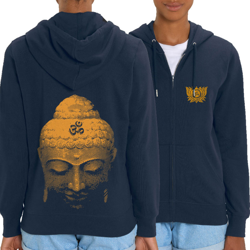 Sweat femme zippé à capuche coton bio bleu marine Buddha Face (Ethnique)