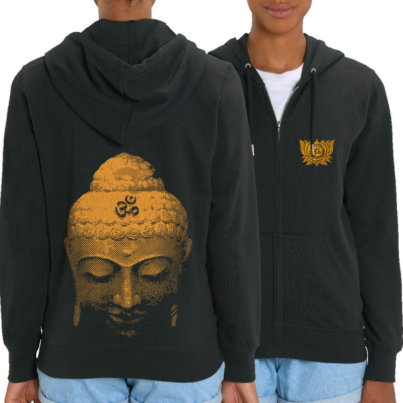 Sweat femme zippé à capuche coton bio noir Buddha Face (Ethnique)