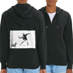 Sweat femme zippé à capuche coton bio noir Banksy Vas chercher (Gondrax,Animaux,Humour)