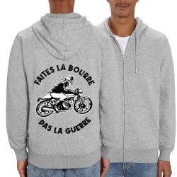 Sweat homme zippé à capuche coton bio gris chiné Faites la bourre pas la guerre (Gondrax,Moto,Slogans Débiles)
