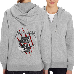 Sweat femme zippé à capuche coton bio gris chiné Metallicat (Gondrax,Animaux,Détournements,Chats)