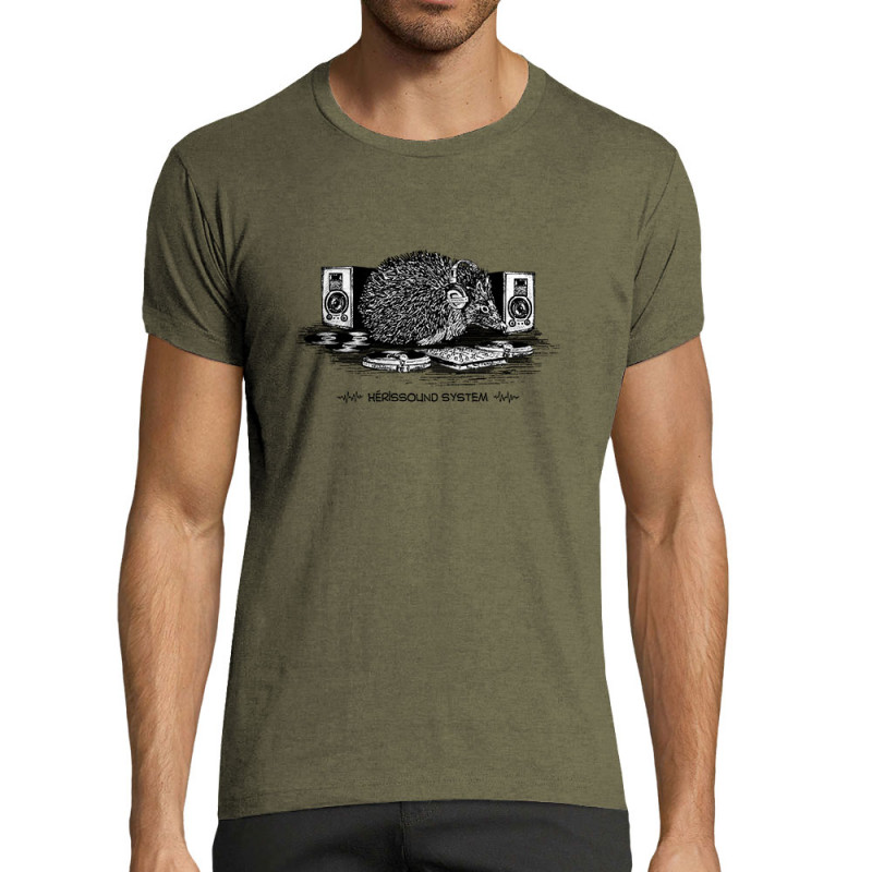 T-shirt homme fit kaki chiné Hérissound System (Gondrax,Les Bébêtes,Animaux,Humour)