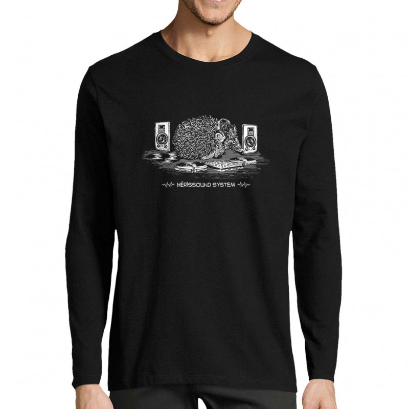 T-shirt homme manches longues noir Hérissound System (Gondrax,Les Bébêtes,Animaux,Humour)
