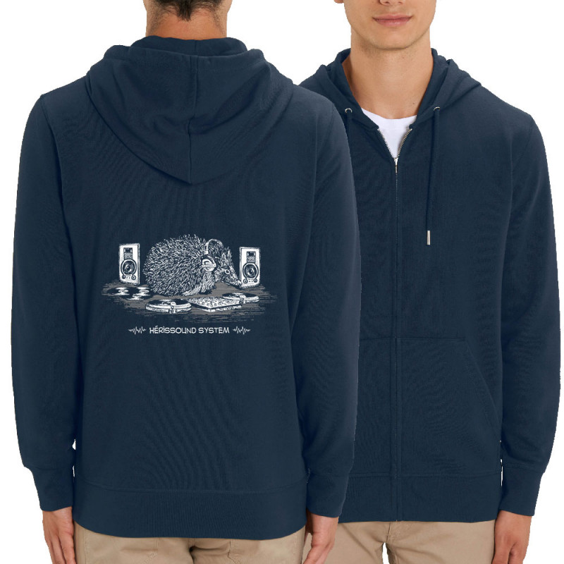 Sweat homme zippé à capuche coton bio bleu marine Hérissound System (Gondrax,Les Bébêtes,Animaux,Humour)
