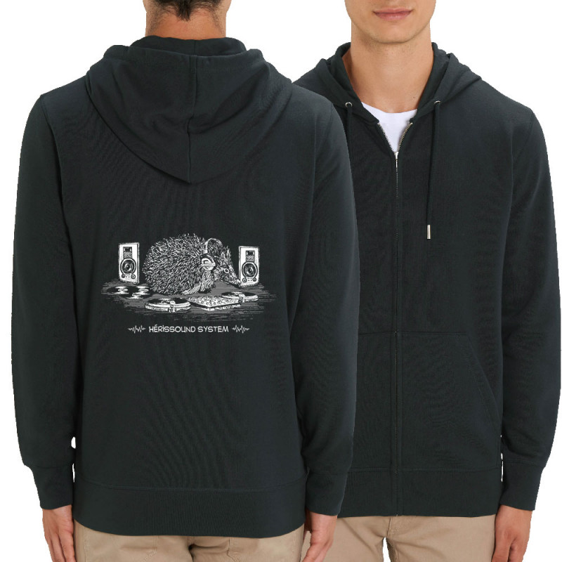 Sweat homme zippé à capuche coton bio noir Hérissound System (Gondrax,Les Bébêtes,Animaux,Humour)