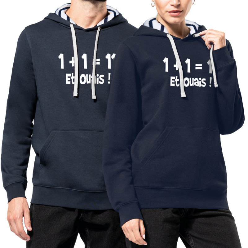 Sweat capuche à motifs unisexe bleu marine et marinière un plus un égale onze (Gondrax,Humour,Slogans Débiles,Devoirs de vacance