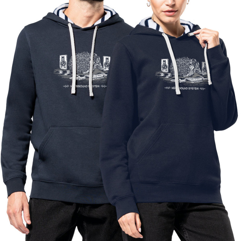 Sweat capuche à motifs unisexe bleu marine et marinière Hérissound System (Gondrax,Les Bébêtes,Animaux,Humour)