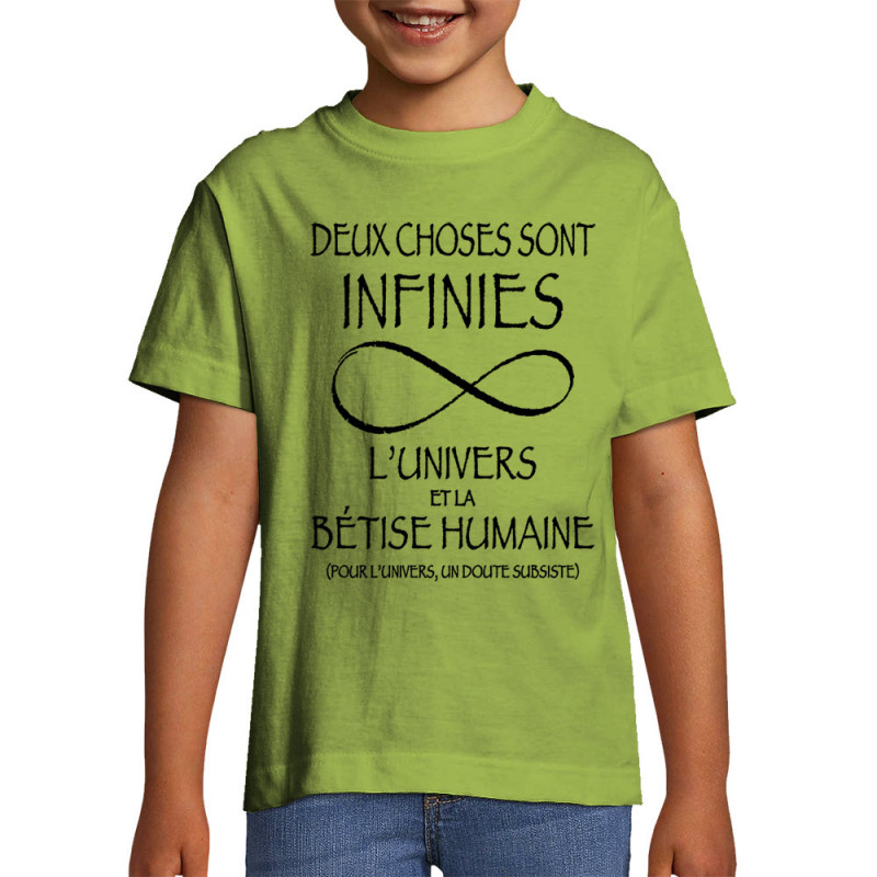 T-shirt enfant vert pomme Deux choses sont infinies (Gondrax,Slogans Débiles,Slogans engagés)