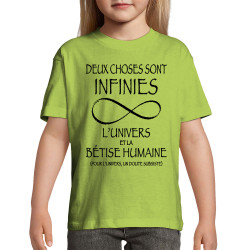 T-shirt enfant vert pomme Deux choses sont infinies (Gondrax,Slogans Débiles,Slogans engagés)