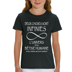 T-shirt enfant coton bio noir Deux choses sont infinies (Gondrax,Slogans Débiles,Slogans engagés)