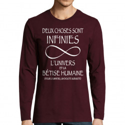 T-shirt homme manches longues bordeaux Deux choses sont infinies (Gondrax,Slogans Débiles,Slogans engagés)