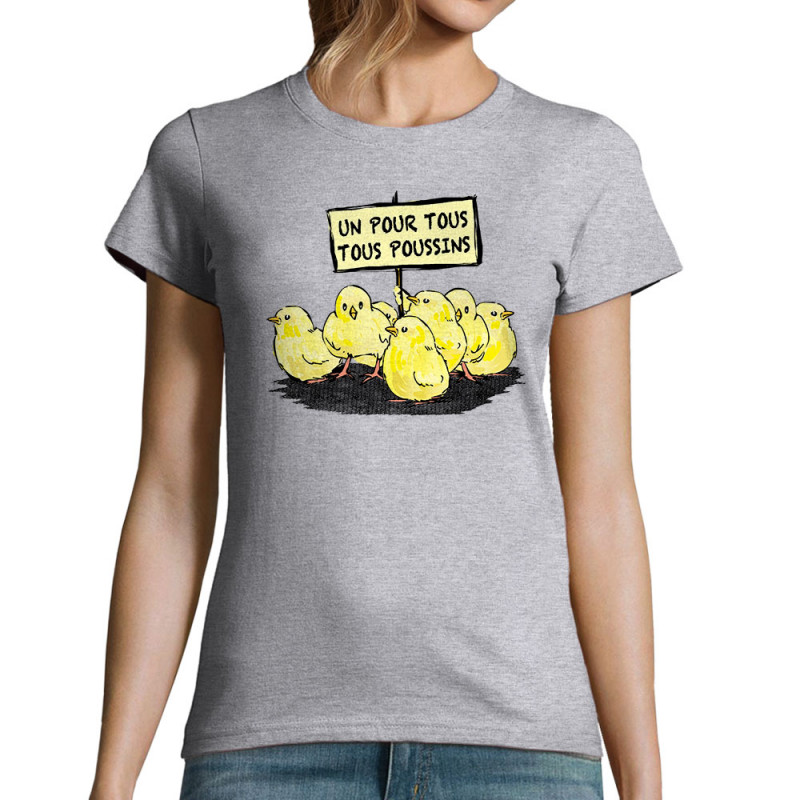 T-shirt femme gris chiné Un pour tous Tous poussins (Gondrax,Animaux,Slogans Débiles)