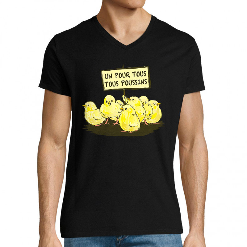 T-shirt homme col V noir Un pour tous Tous poussins (Gondrax,Animaux,Slogans Débiles)