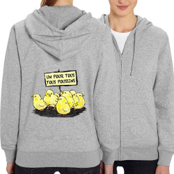 Sweat femme zippé à capuche coton bio gris chiné Un pour tous Tous poussins (Gondrax,Animaux,Slogans Débiles)