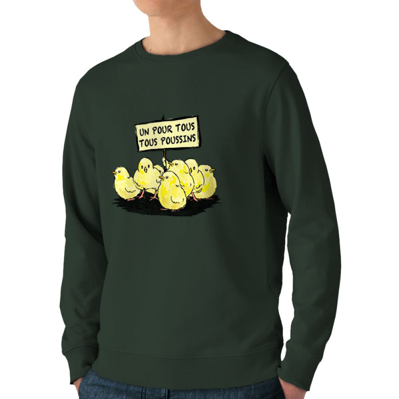 Sweat homme bio col rond vert foncé Un pour tous Tous poussins (Gondrax,Animaux,Slogans Débiles)