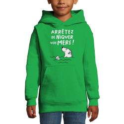 Sweat enfant à capuche vert prairie Arrêtez de niquer vos mers (Gondrax,Slogans engagés,Animaux,Ecologie)